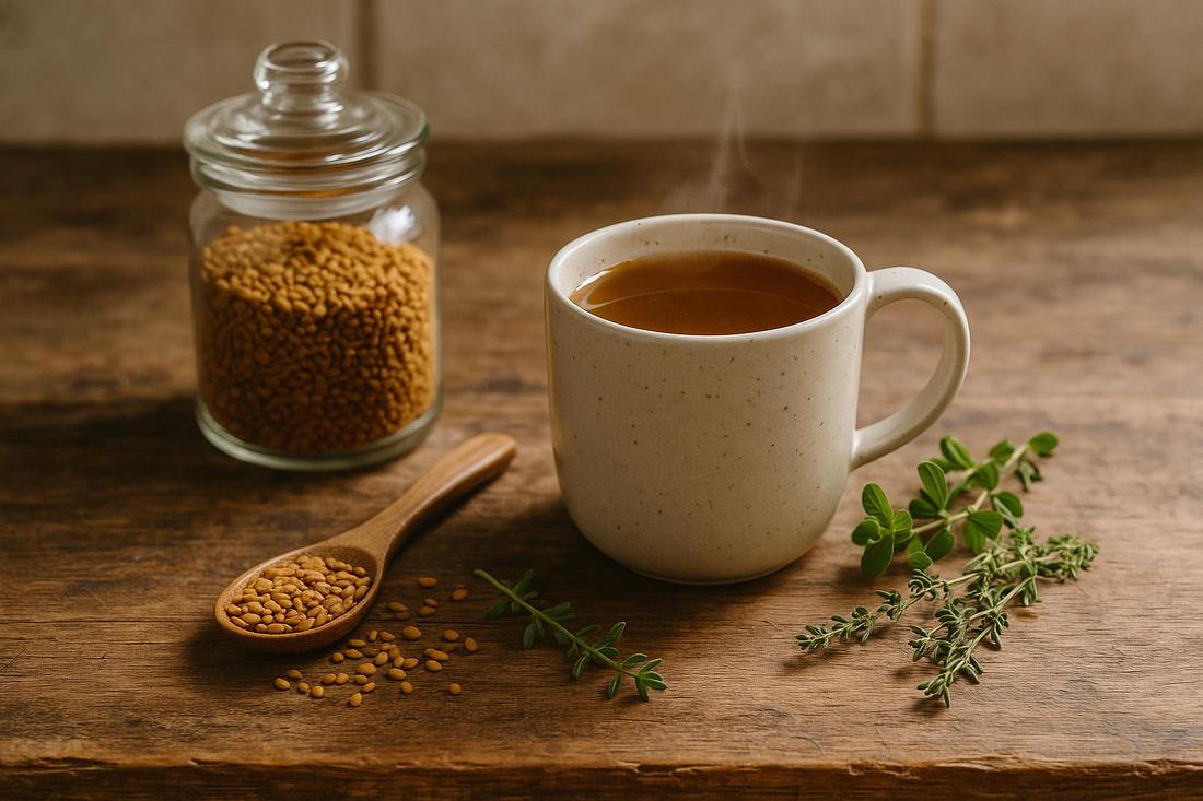 Fenugreek seeds in a glass jar with a wooden spoon, next to a steaming mug of fenugreek tea and fresh herb sprigs on a rustic wooden bench.