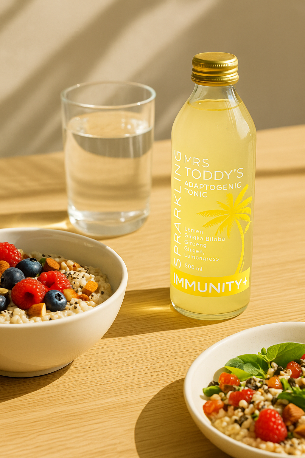 Bottle of Mrs Toddy’s Immunity+ Sparkling Adaptogenic Tonic beside a bowl of oats topped with berries, nuts, and chia seeds, with a glass of water in the background on a sunlit wooden table.