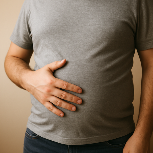 Close-up of an adult male torso with a hand resting on the stomach, wearing a fitted grey t-shirt and jeans, representing gut health.