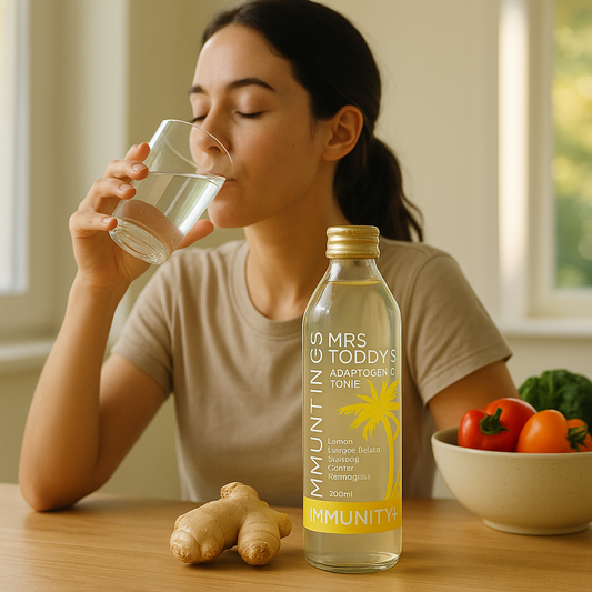 Young woman sitting at a sunlit kitchen table drinking from a glass of water, with a bottle of Mrs Toddy’s Immunity+ Adaptogenic Tonic, fresh ginger, and a bowl of colourful vegetables beside her. Ask ChatGPT