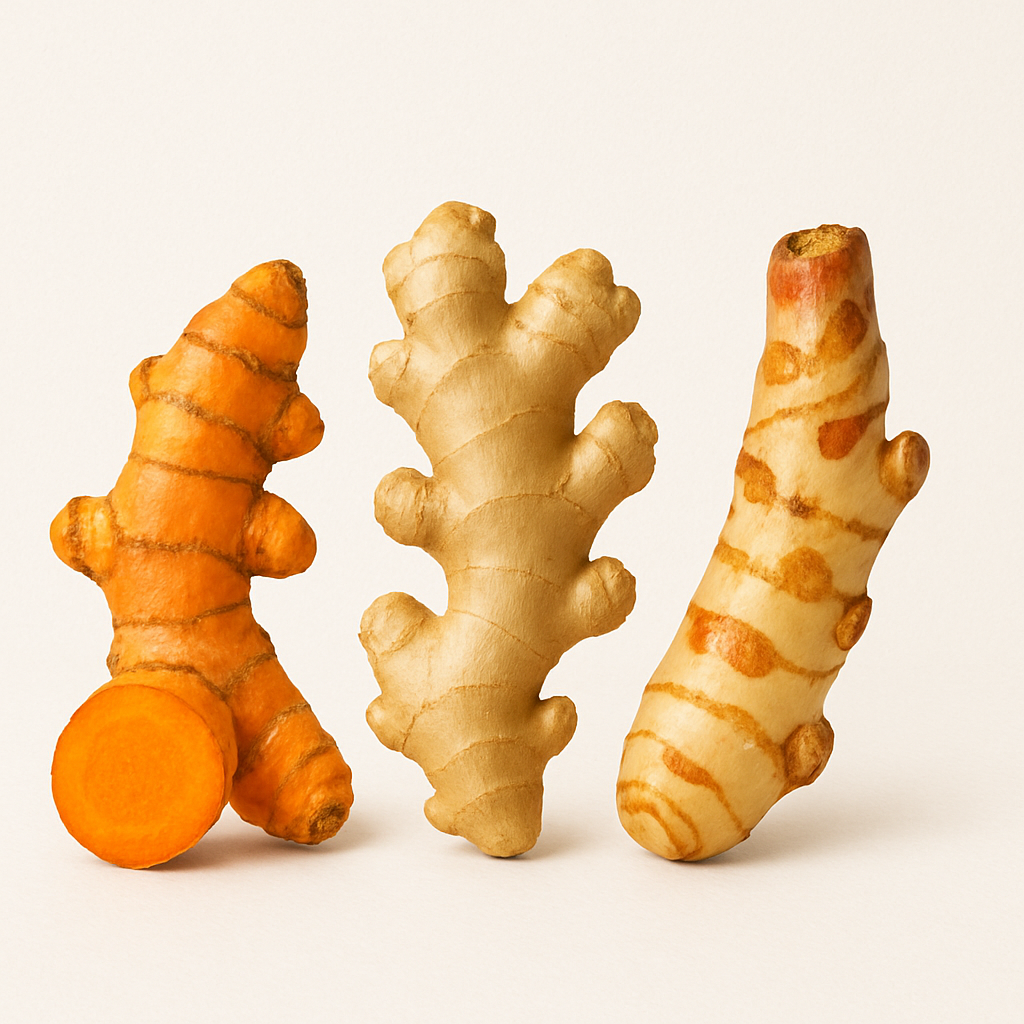 Fresh turmeric, ginger, and galangal roots lined up side by side on a neutral background, showcasing their distinct textures and natural colors.