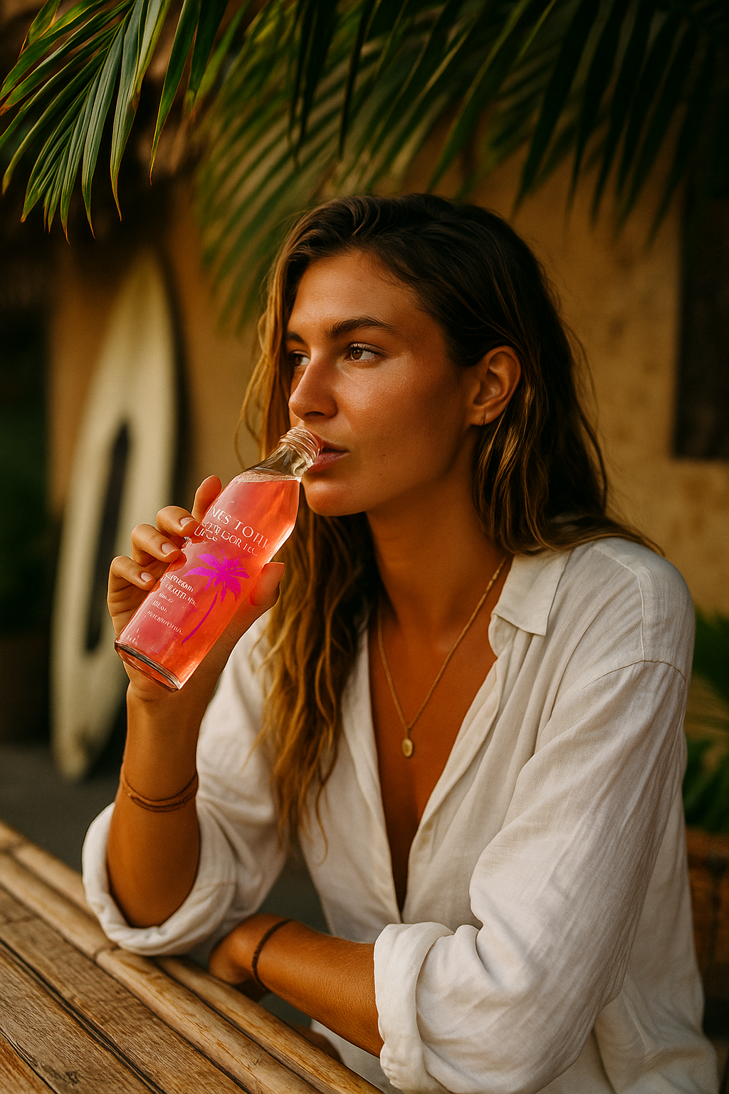 Young woman enjoying Mrs Toddy’s Sparkling Adaptogenic Guava Tonic outdoors in natural sunlight