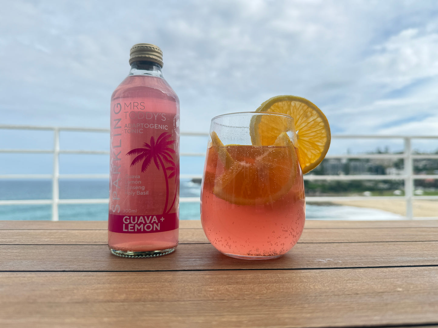 guava sparkling tonic served as a drink. real ingredients panax ginseng gingko biloba ginger tulsi lemongrass