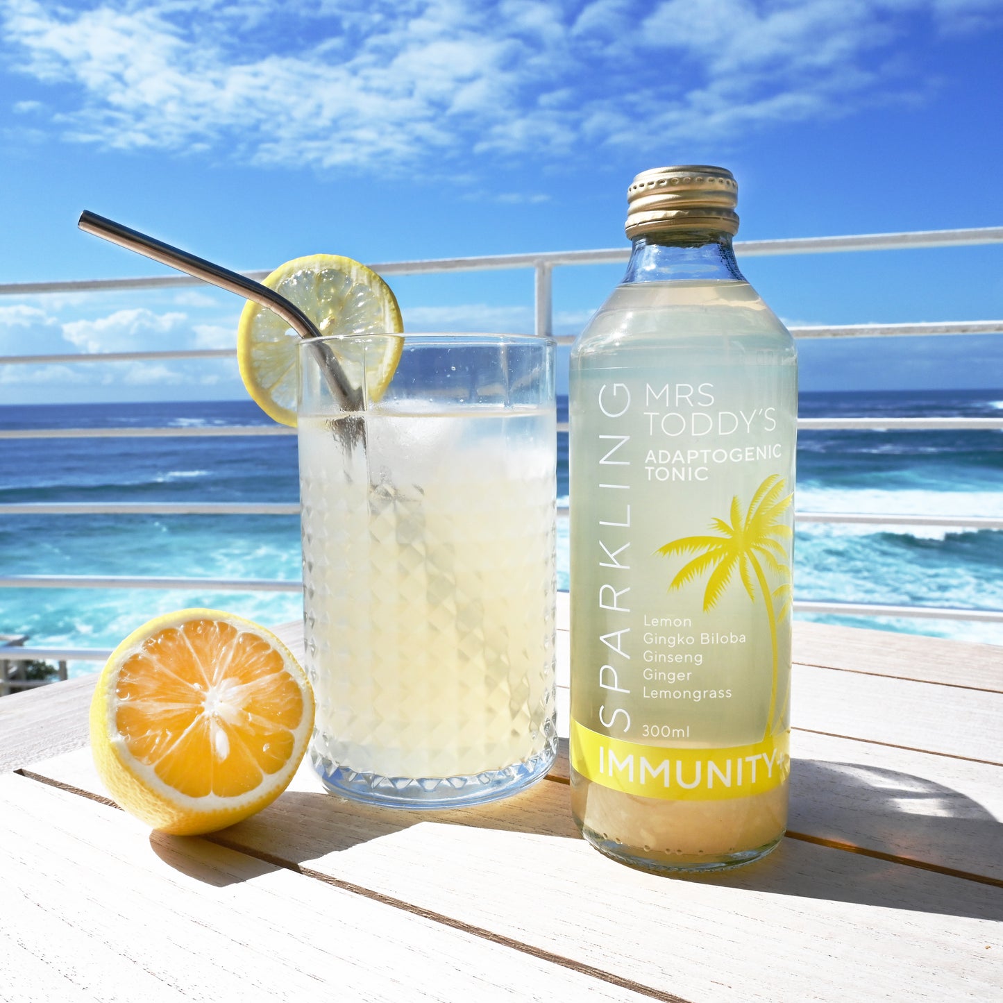 Mrs. Toddy’s sparkling adaptogenic drink in amber bottle with real herbs
