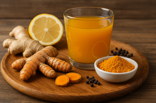 Fresh turmeric root, lemon, and ginger on a clean wooden surface beside a wellness tonic bottle—representing natural, functional ingredients used in Mrs. Toddy’s Recovery Tonic