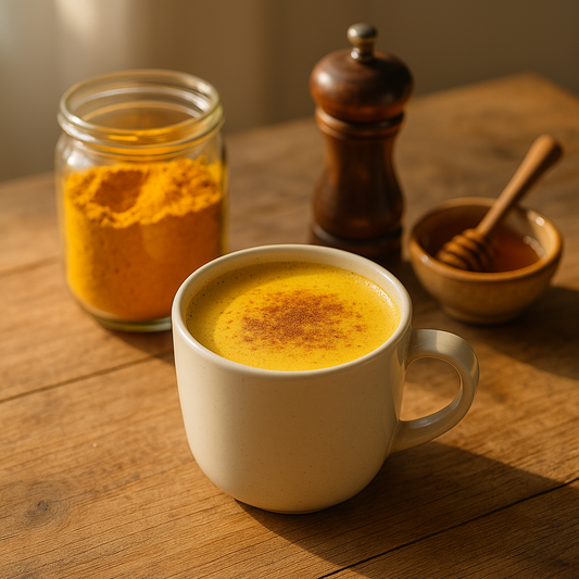 Golden turmeric latte in a white ceramic mug on a wooden table, sprinkled with cinnamon, with a jar of turmeric powder, black pepper grinder, and a small bowl of honey in the background