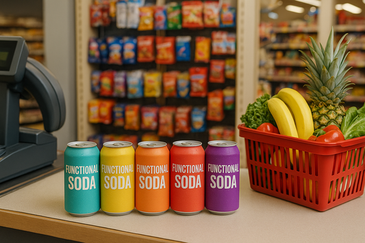 Five cans of functional soda on a supermarket checkout counter beside a red shopping basket filled with fruit and vegetables, with shelves of impulse-buy snacks in the background