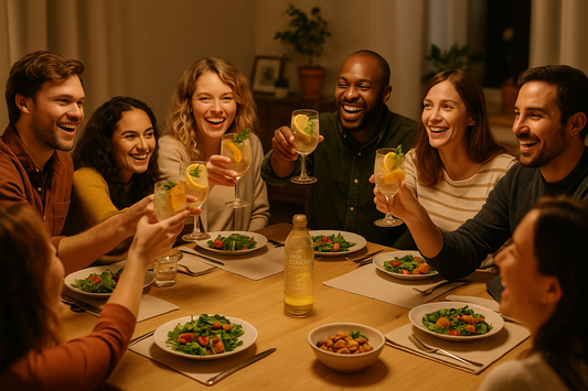 Guests at a dinner party toasting with sparkling botanical tonics garnished with citrus and herbs, with a bottle of Mrs Toddy’s Immunity+ on the table.