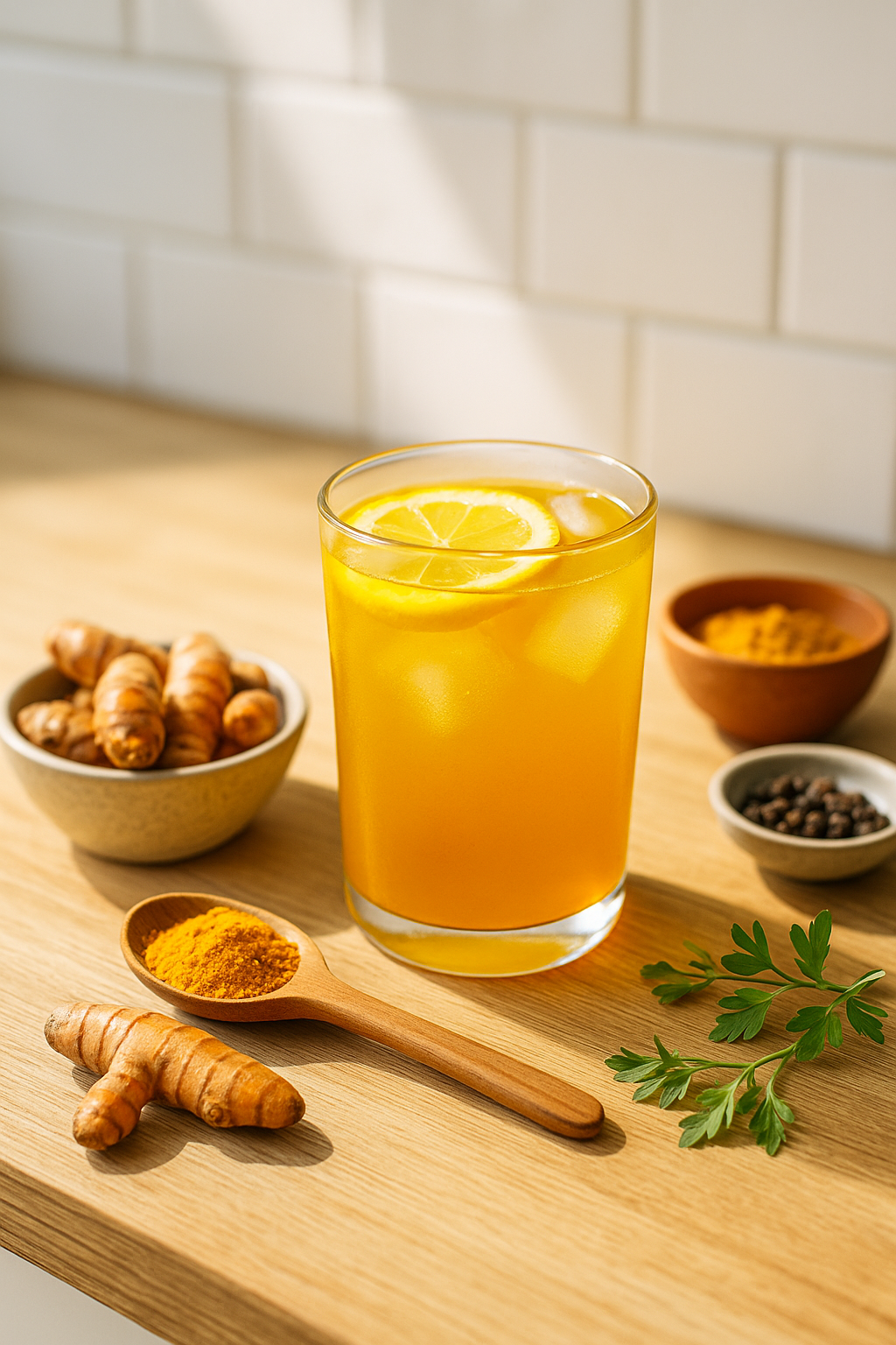Golden turmeric tonic in a glass with ice and lemon, surrounded by turmeric roots, powder, and black peppercorns on a bright kitchen counter.