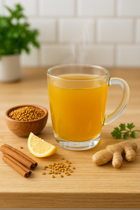 Glass mug of steaming fenugreek tea with seeds, cinnamon sticks, ginger, and lemon on a bright kitchen counter.
