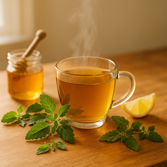 Steaming cup of tulsi tea on a wooden surface with fresh tulsi leaves, a jar of honey with a dipper, and a lemon wedge in warm natural light.