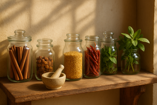 Glass jars of cinnamon, clove, myrrh, mustard seeds, chilli, and tulsi on a rustic shelf with a mortar and pestle in warm sunlight.
