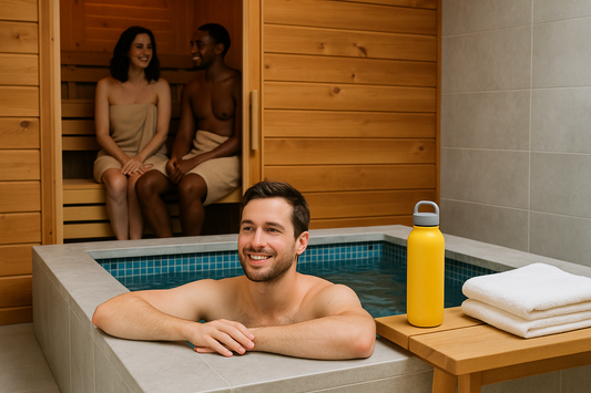 Indoor wellness spa with a man resting his arms on the edge of a cold plunge pool, smiling, while two people inside a wooden sauna chat and smile, with a yellow insulated drink bottle and folded towels on a bench nearby.