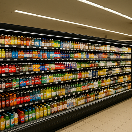 Fully stocked supermarket open-faced fridge filled with rows of colorful bottled and canned drinks, neatly arranged by type and colour