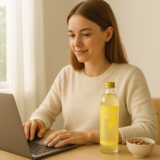 Woman working at a desk with a laptop, a bottle of Mrs Toddy’s Immunity+ Sparkling Adaptogenic Tonic, and a bowl of activated nuts beside her.