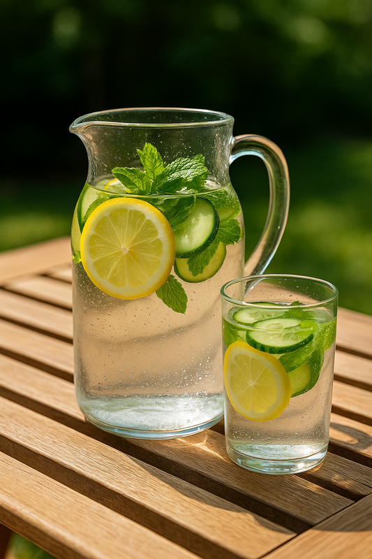 Glass jug of water infused with lemon slices, cucumber, and fresh mint beside a matching glass, placed on a wooden table outdoors in natural sunlight.