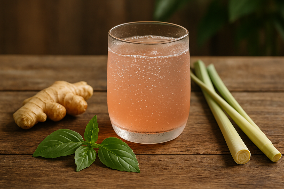 Chilled glass of sparkling guava tonic on a rustic wooden table with fresh ginger root, basil leaves, and lemongrass stalks arranged around it.