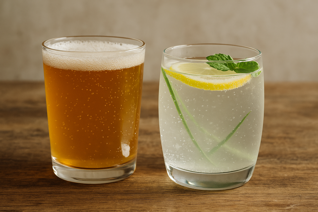 Probiotic kombucha and sparkling prebiotic tonic side by side on a rustic table.