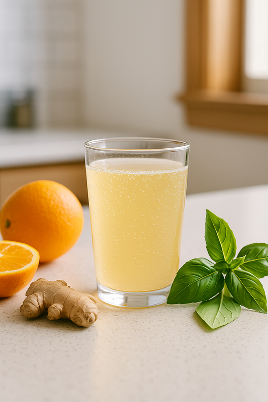 Immunity drink with oranges, ginger, and basil on a kitchen counter in natural light.