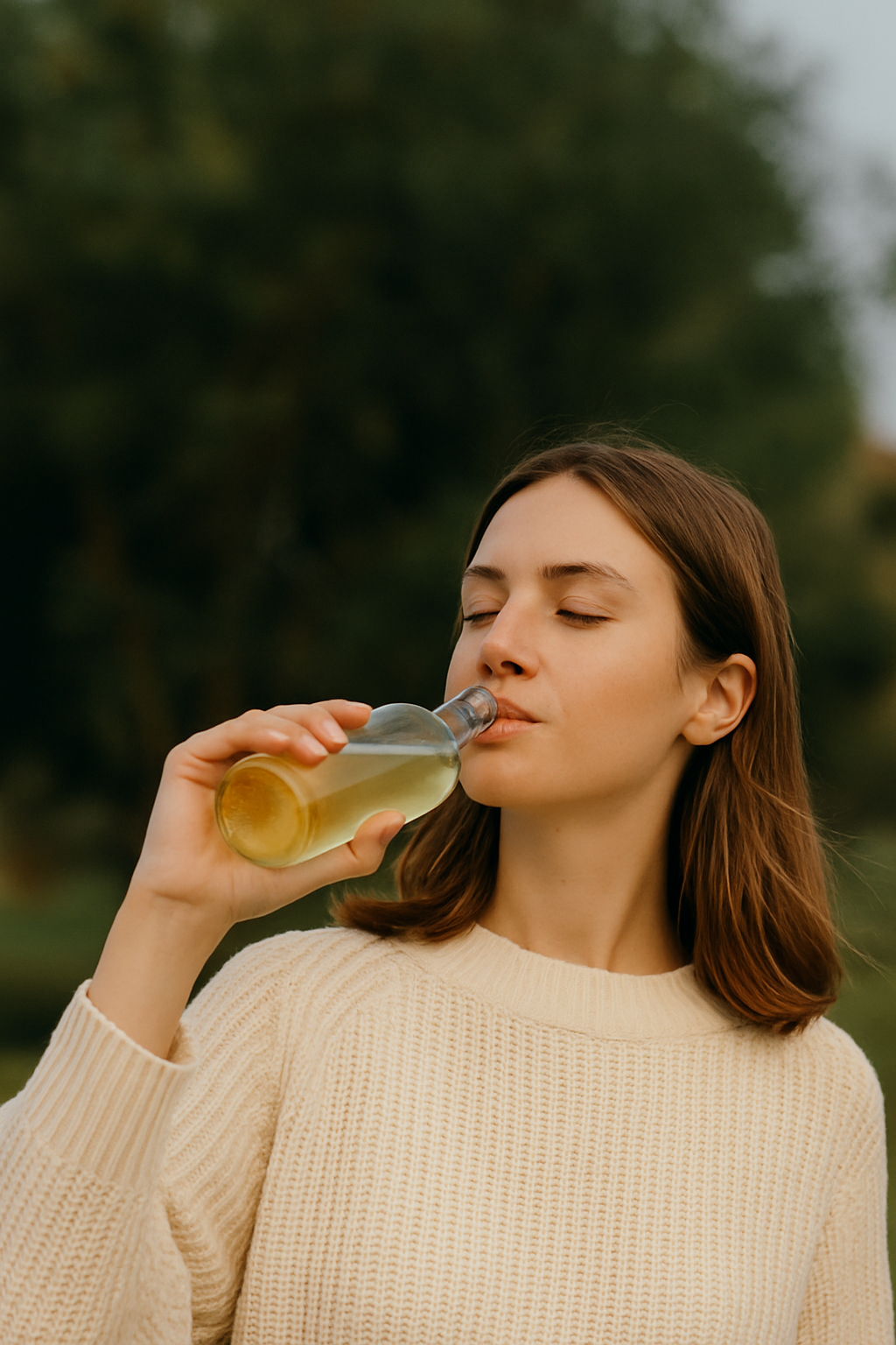 “Woman drinking a natural botanical soda outdoors, titled blog header about blood sugar and energy”