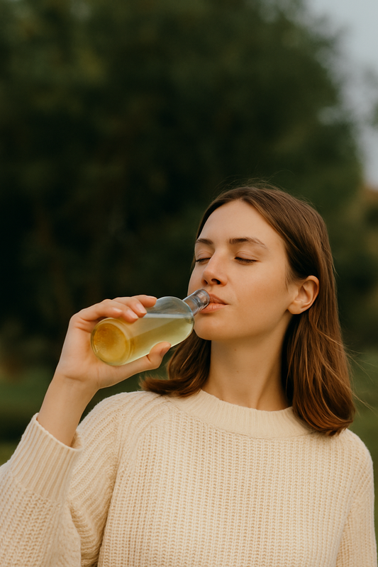 “Woman drinking a natural botanical soda outdoors, titled blog header about blood sugar and energy”