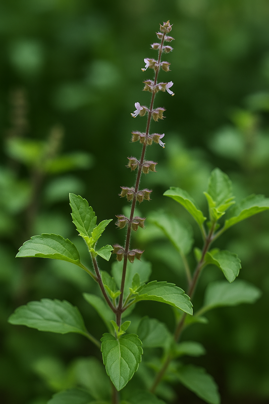 Close-up of a blooming Tulsi (Holy Basil) plant with green leaves and small purple flowers, photographed outdoors in natural light – a traditional Ayurvedic herb known for its adaptogenic properties.