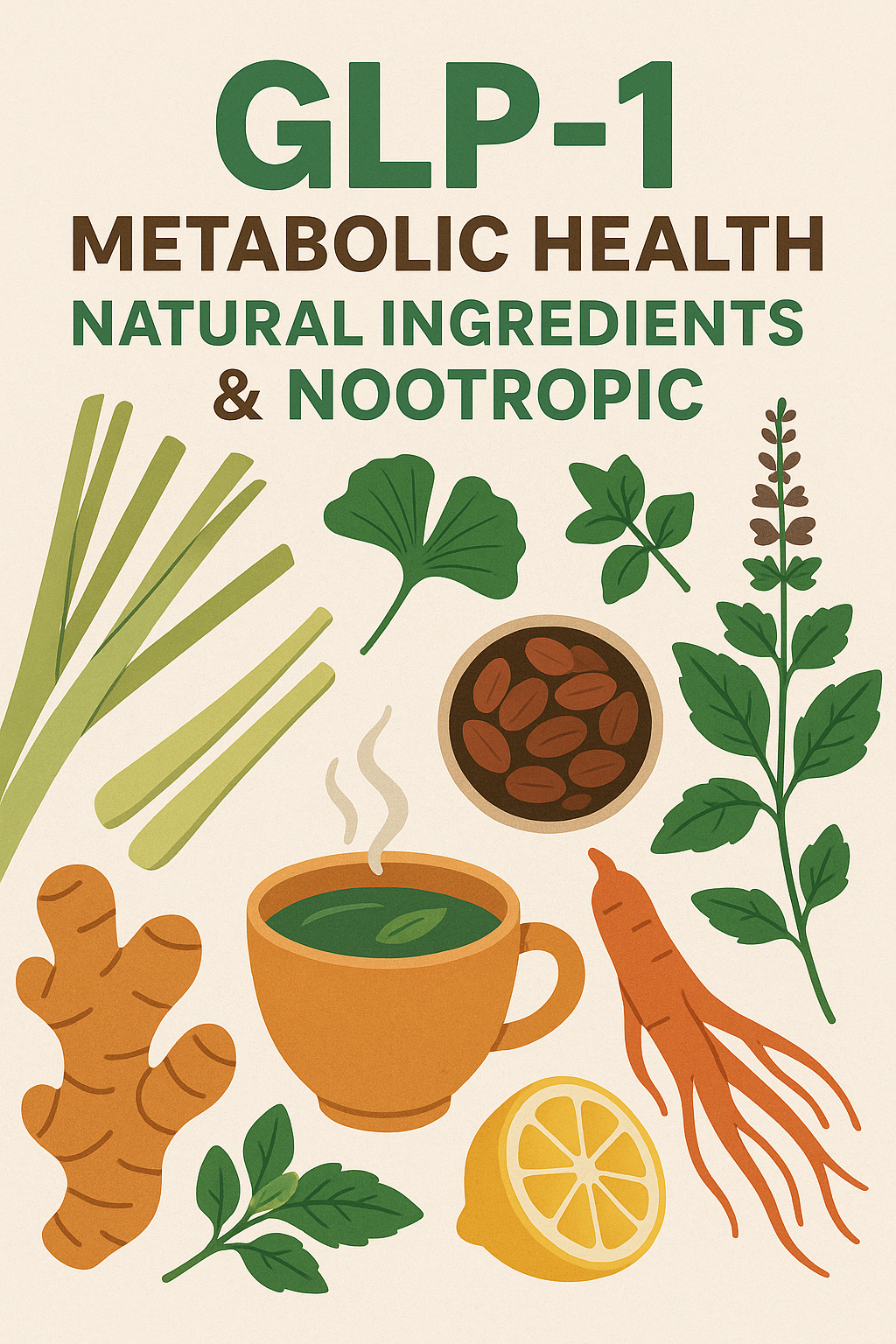 Flat lay illustration featuring natural nootropic and metabolic health ingredients such as ginger, lemongrass, ginseng, tulsi (holy basil), ginkgo biloba, lemon, and a herbal tea cup, with the words GLP-1, Metabolic Health, Natural Ingredients & Nootropic