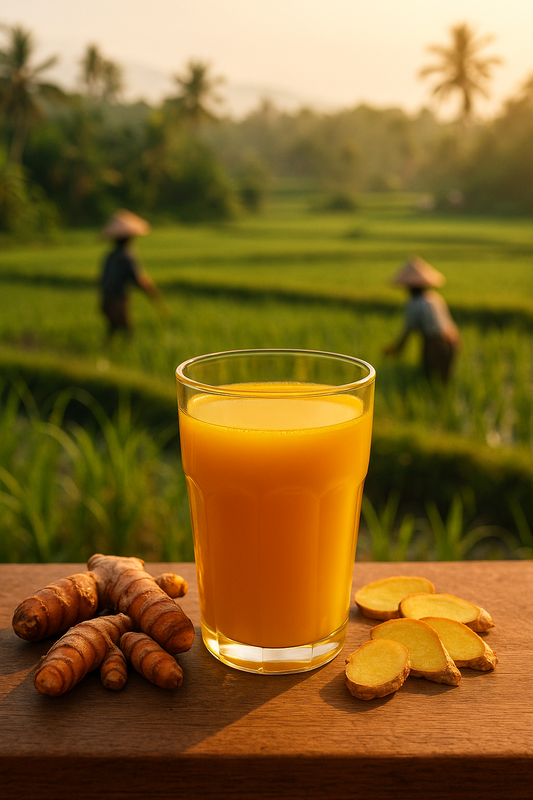 A vibrant glass of turmeric tonic sits on a wooden ledge, surrounded by fresh turmeric roots and sliced ginger, with lush green rice paddies and Indonesian farmers working in the background under a golden morning sun