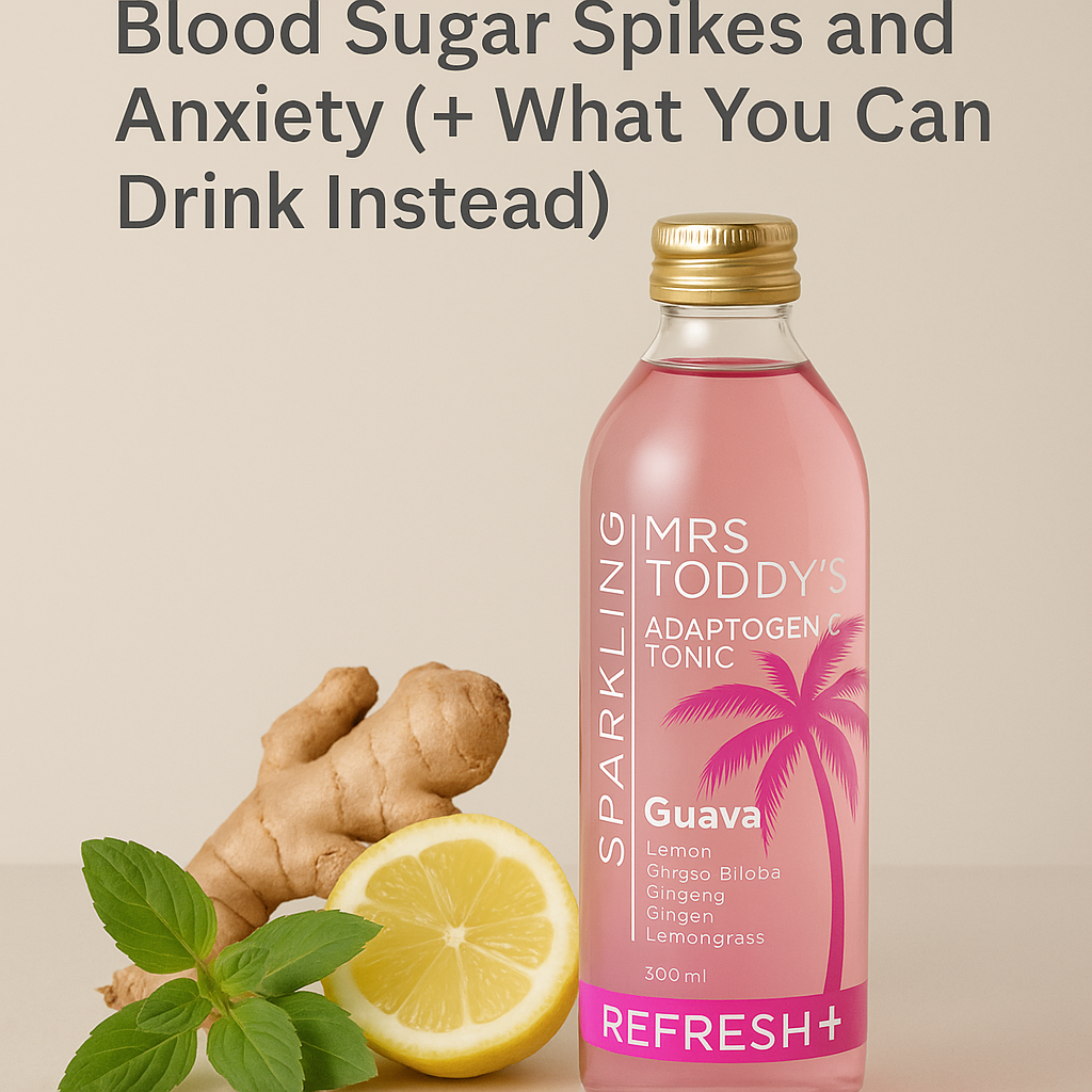 Mrs. Toddy’s Guava Sparkling Adaptogenic Tonic in a glass bottle placed beside fresh ginger, lemon, and tulsi on a beige background, highlighting natural ingredients used to support blood sugar regulation and reduce anxiety.