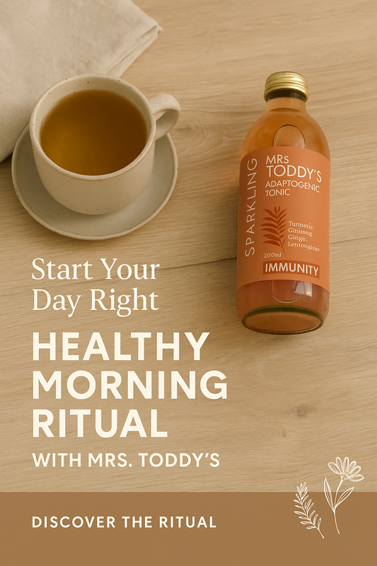 Mrs. Toddy’s Tonic bottle placed on a light wooden surface beside sliced lemon, fresh ginger, and a glass of tonic — styled as part of a calm morning wellness ritual.