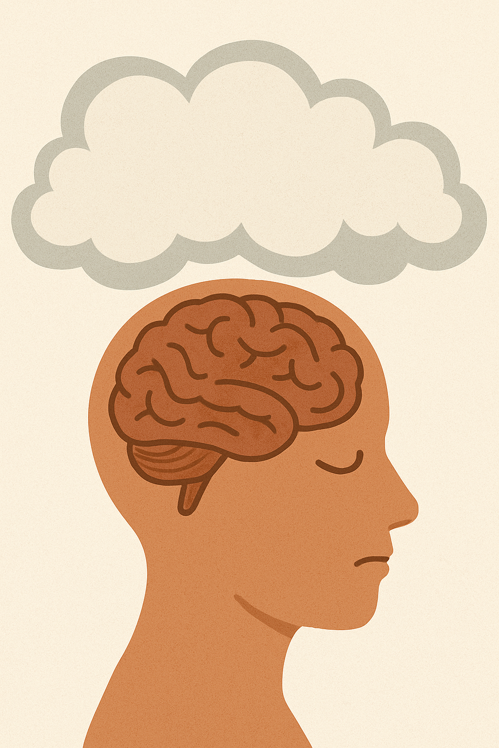 Side profile illustration of a person with a visible brain inside the head, eyes closed in fatigue, and a large gray cloud hovering above, symbolizing mental fog or exhaustion.