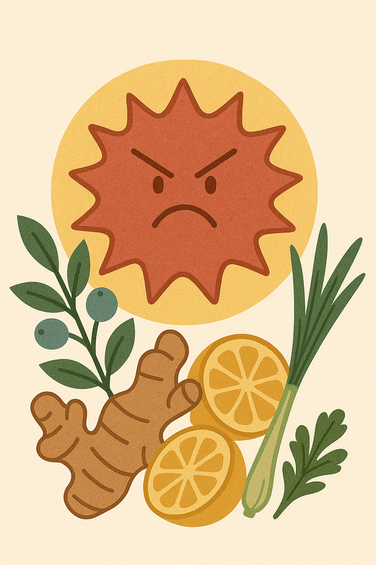 Digital illustration of a spiky red inflammation cell surrounded by natural anti-inflammatory ingredients like ginger root, lemon slices, leafy greens, and lemongrass, set against a warm, vintage-style background.
