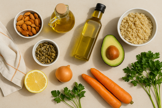lat lay of whole-food ingredients including olive oil, avocado oil, almonds, pumpkin seeds, quinoa, avocado, lemon, onion, carrots and parsley on a beige surface in natural light.