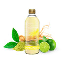 Glass bottle of herbal tonic featuring ginseng and ginkgo on a neutral backdrop